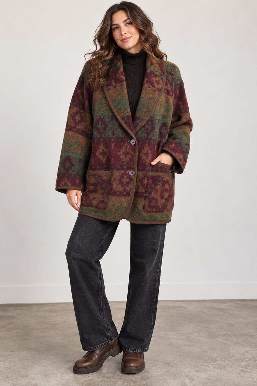 Vintage 90s Wool Blanket Coat Southwestern Oversized Shawl Collar USA 12